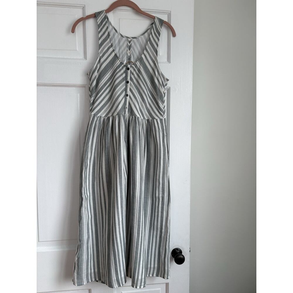 True Craft Teal White Striped Cotton Midi Dress‎ Sleeveless Button Front Medium